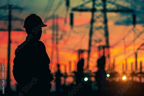 silhouette of engineer looking at work over blurred electrical substation power industry concept