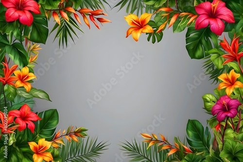 Tropical flowers hang from a tropical creeper border.