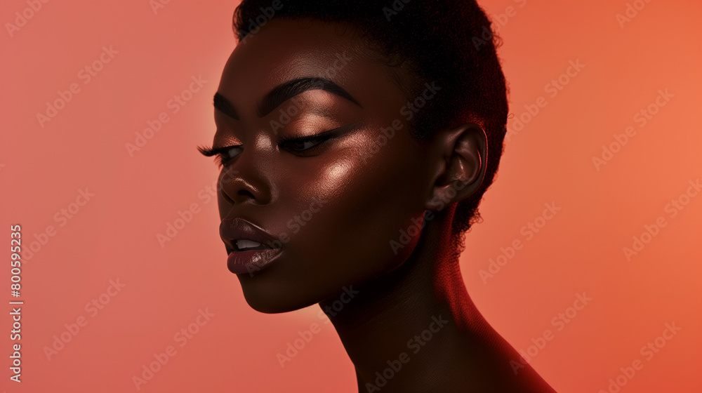 A closeup photo of a beautiful African American model in dark low curl with detail and have beautiful makeup on. A closeup photo of a beautiful African American model in dark low curl with detail and have beautiful makeup on.