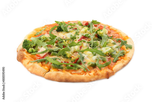 Delicious vegetarian pizza with arugula isolated on white