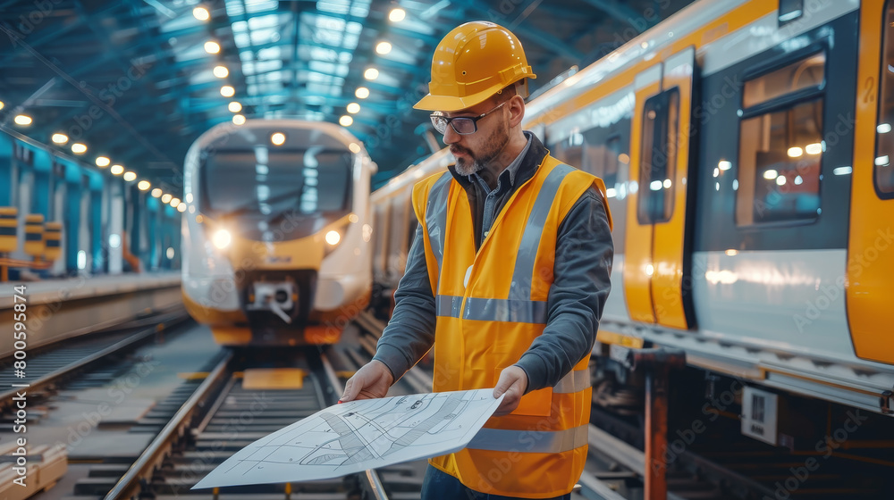 A man in a yellow vest is standing next to a train A man in a yellow vest is standing next to a train