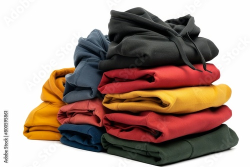 stacked hooded sweatshirts in various colors folded apparel isolated on white