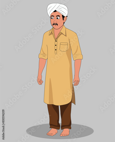 A village man wearing pagri three quarter view cartoon character design for animation