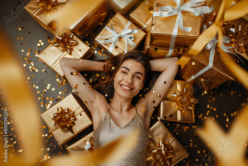 A portrait of a beautiful model surrounded by gifts and confetti in gold tonation photo