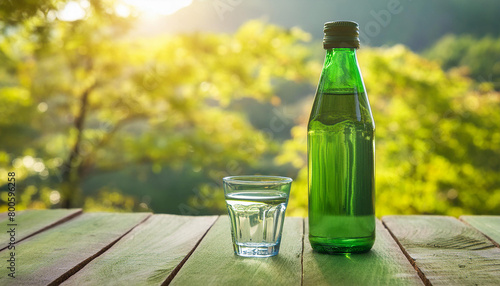 Soju, green glass bottle and shot on wooden table. Korean beverage. Alcoholic drink. photo