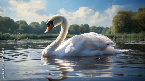 A photo highly detailed and realistic portrait of a graceful and elegant swan gliding on a tranquil lake