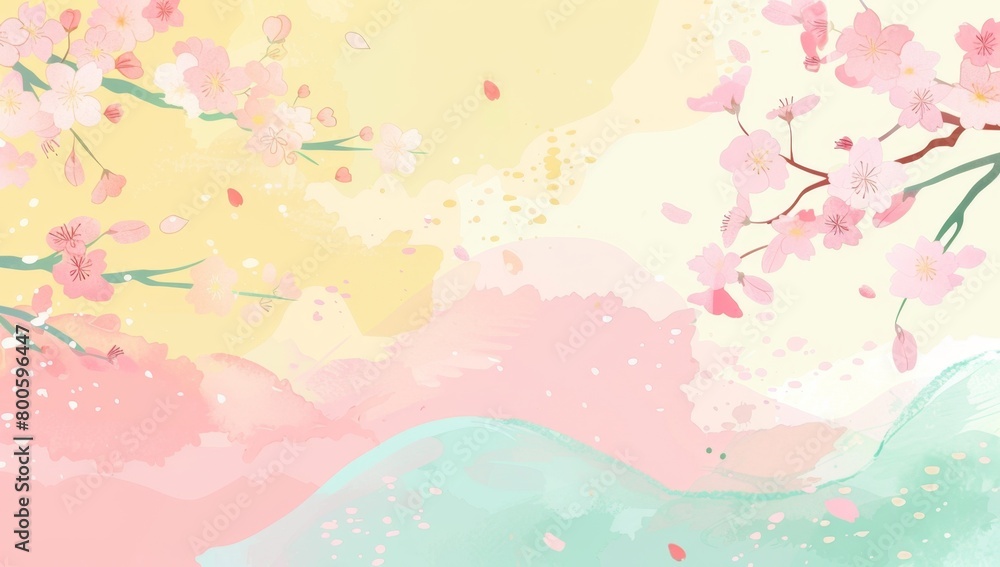 A cute Japanese-style pink and yellow pastel color background with cherry blossoms, watercolor paint strokes and flying petals Generative AI