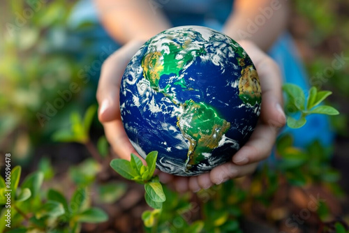 Abstract eco-friendly design hands holding a green and blue earth 