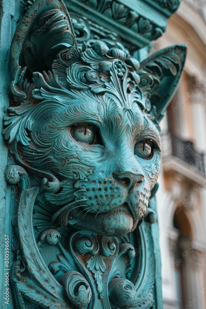 A close up of a green cat head on the side of building, AI