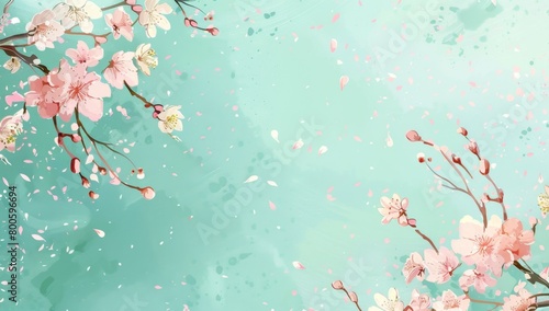 Fototapeta Naklejka Na Ścianę i Meble -  A pastel pink and mint green background with cherry blossoms, petals falling in the air, in the style of Japanese watercolor Generative AI