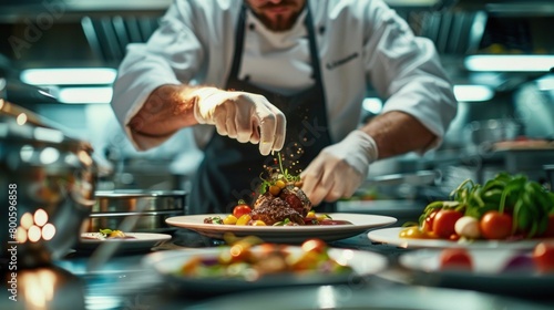 Spotlight the precision of a chef, expertly plating a gourmet dish, a masterpiece of culinary artistry.