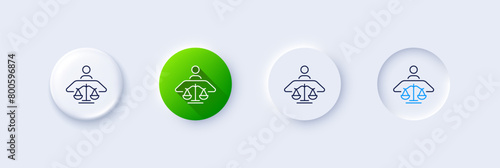Court judge line icon. Neumorphic, Green gradient, 3d pin buttons. Justice scale sign. Judgement law symbol. Line icons. Neumorphic buttons with outline signs. Vector