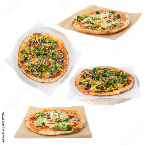 Delicious vegetarian pizzas isolated on white, set