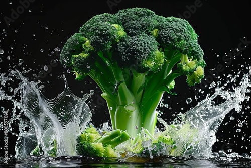 vibrant broccoli in liquid splash on black fresh food action shot