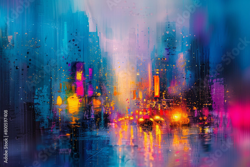 Abstract painting style over a defocused cityscape at dusk  vibrant colors blending with urban lights 