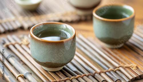 Close-up of sake in ceramic cups on wooden table. National Japanese alcohol drink. Tasty beverage. photo