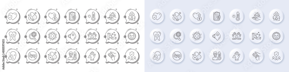 Healthy face, Skin care and Family insurance line icons. White pin 3d buttons, chat bubbles icons. Pack of People insurance, Weather thermometer, Coronavirus icon. Vector