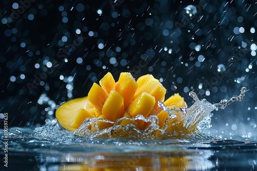 vibrant mango slice plunging into splashing water tropical fruit freshness food photography