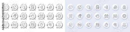 Healthy face  Skin care and Family insurance line icons. White pin 3d buttons  chat bubbles icons. Pack of People insurance  Weather thermometer  Coronavirus icon. Vector