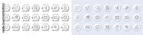 Healthy face, Skin care and Family insurance line icons. White pin 3d buttons, chat bubbles icons. Pack of People insurance, Weather thermometer, Coronavirus icon. Vector