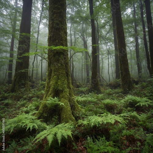 Tranquil forest setting captured  shrouded in thick blanket of fog. Dominating foreground large tree trunk  its surface adorned with bright green moss.