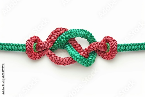 vibrant red and green ropes tied together with double sheet bend knot also known as weavers hitch isolated on white background digital illustration