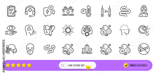 Apartment insurance, Health eye and Intestine line icons for web app. Pack of Electronic thermometer, Cough, Stress pictogram icons. Nurse, Coronavirus lungs, Vitamin d signs. Search bar. Vector