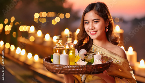 Bella ragazza thailandese porta olii essenziali per un massaggio rilassante, luci sullo sfondo. photo