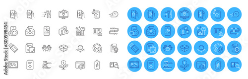 Augmented reality, Auction hammer and Battery charging line icons pack. Phone message, Buying house, Open box web icon. Upload file, Reject letter, Methodology pictogram. Color icon buttons. Vector