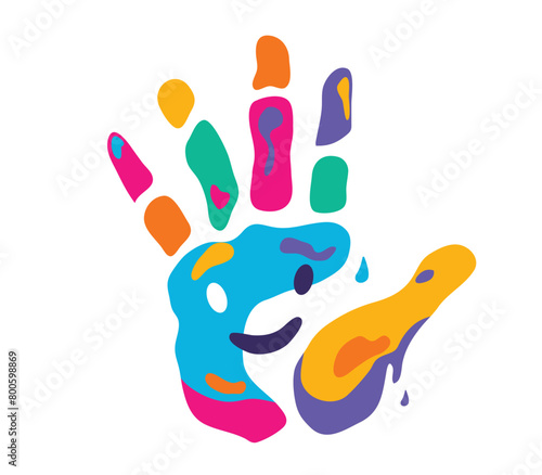 Hand print, multicolor paints with paint liquid drops and smile face