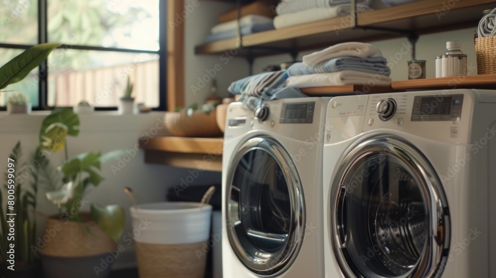 A white washer and dryer are in a laundry room A white washer and dryer are in a laundry room