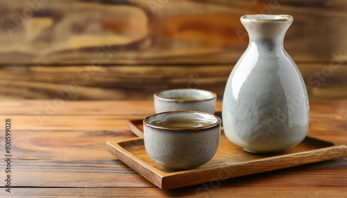 Sake in ceramic cup and jug on wooden table. National Japanese alcohol drink. Tasty beverage.