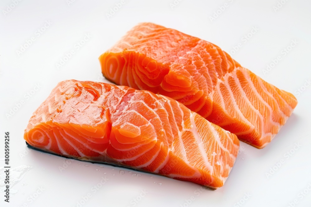 Two pieces of salmon are displayed on a white background. The salmon are cut in half and have a shiny, red appearance