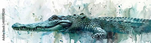 A crocodile lurks in murky waters, watercolor painting on a white background
