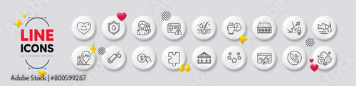 Call center, Carousels and Cholecalciferol line icons. White buttons 3d icons. Pack of Serum oil, Internet warning, Women headhunting icon. Seo marketing, Coffee break, Smile chat pictogram. Vector