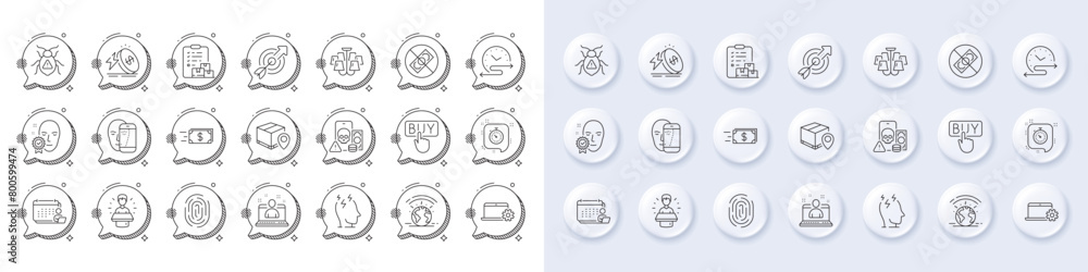 Corrupt, Time schedule and Face biometrics line icons. White pin 3d buttons, chat bubbles icons. Pack of Parcel tracking, Target, Best manager icon. Vector