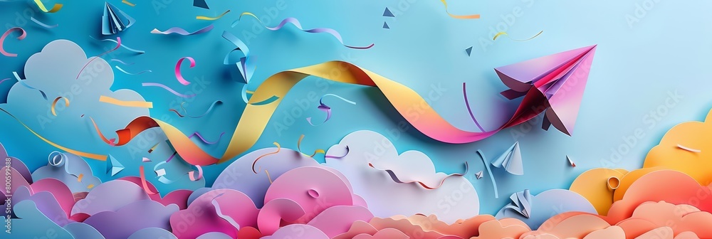 A giant paper kite soars in the sky, its tail a ribbon of multicolored scraps in a joyful paper art style concept A giant paper kite soars in the sky, its tail a ribbon of multicolored scraps in a joyful paper art style concept