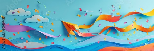A giant paper kite soars in the sky, its tail a ribbon of multicolored scraps in a joyful paper art style concept photo