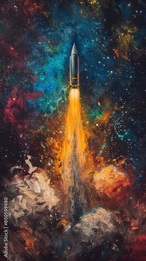 Space rocket launching into a colorful cosmic sky