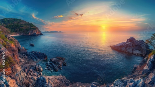 A panoramic vista captures the sun setting behind an island with a rocky shoreline in the foreground
