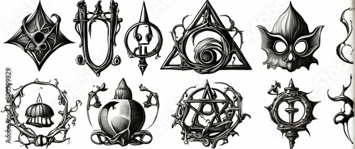 A collection of gothic and dark fantasy style symbols and emblems that exude mystery, esotericism, and a sense of arcane rituals