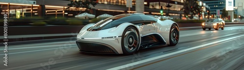 A selfdriving car morphs its shape based on traffic flow  its body a sleek display of adaptive materials  close up strange style hitech ultrafashionable concept
