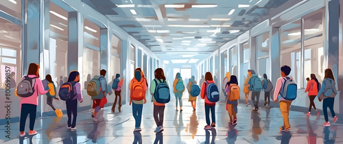 A lively digital artwork capturing a bustling high school hallway filled with diverse students