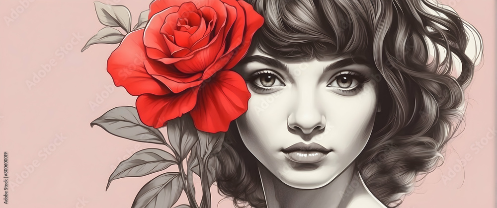 A striking monochromatic illustration of a beautiful woman complemented by a vibrant red rose A striking monochromatic illustration of a beautiful woman complemented by a vibrant red rose