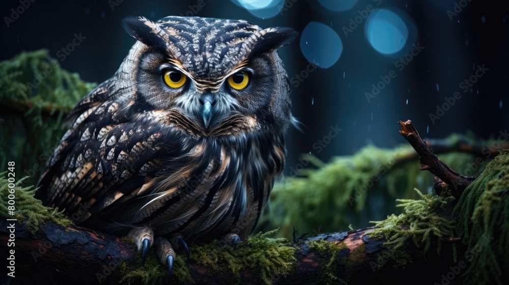 illustration of a wise and powerful owl perched on a moss-covered tree branch at twilight illustration of a wise and powerful owl perched on a moss-covered tree branch at twilight