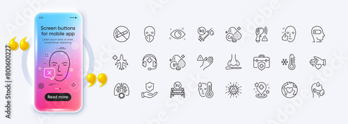 Insurance hand, Eu close borders and Nasal test line icons for web app. Phone mockup gradient screen. Pack of Healthy face, Calcium mineral, Electronic thermometer pictogram icons. Vector