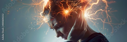 A throbbing headache illuminates the struggles of a stressed mind, showcasing the intricate neural pathways in a radiant display, close up hitech concept photo