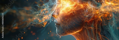 A throbbing headache illuminates the struggles of a stressed mind, showcasing the intricate neural pathways in a radiant display, close up hitech concept photo