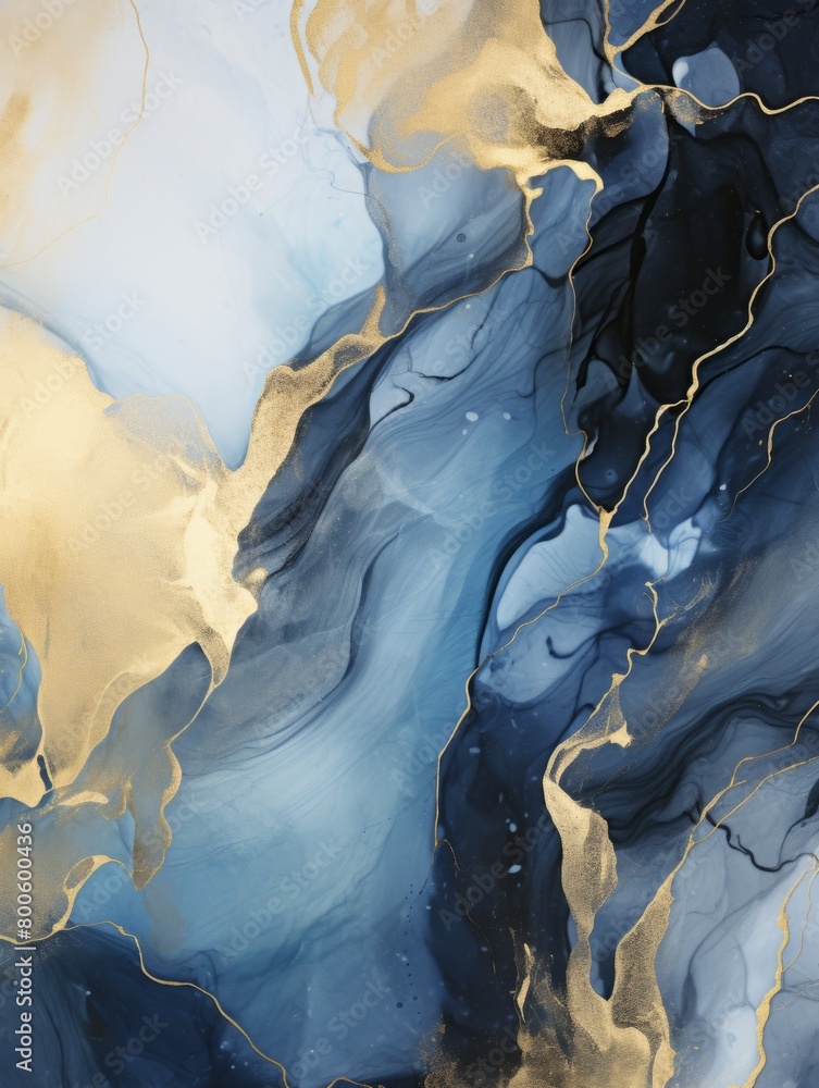 Naklejka premium Abstract blue, black and gold liquid marble background for wallpaper, wedding invitation. Backdrop concept for your graphic design, banner, poster, digital collages, web design. Colorful illustration 