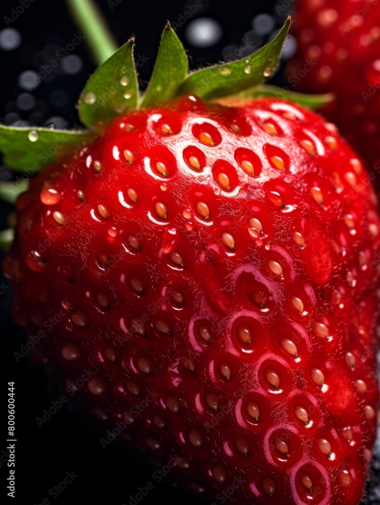 Macro photo of fresh wet ripe strawberry and water drops and splashes. Photo of juice fruit. Flat lay, top view. Berries organic concept. Macro photo of fresh wet ripe strawberry and water drops and splashes. Photo of juice fruit. Flat lay, top view. Berries organic concept.